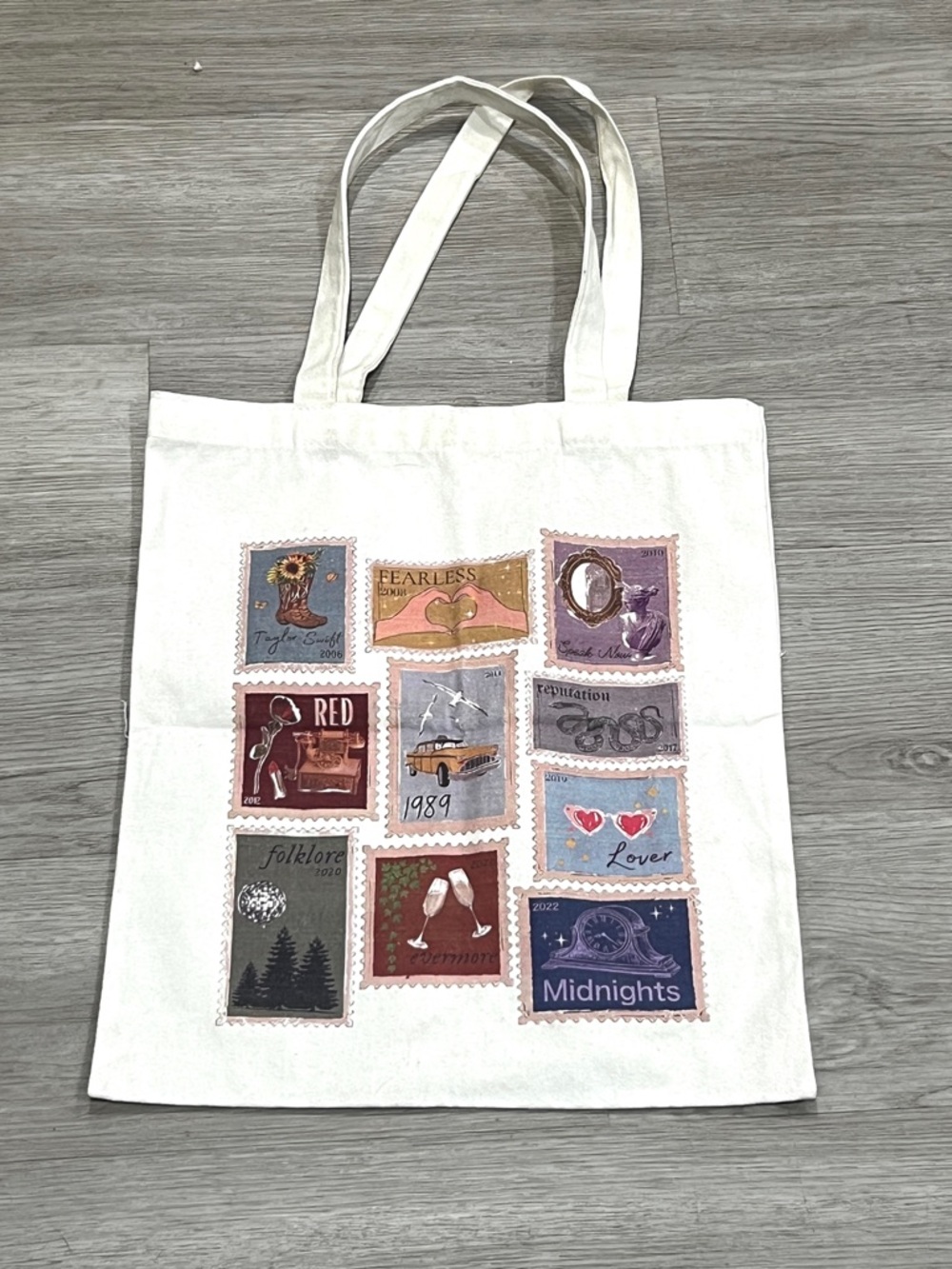 ALBUM TOTE White Bag with Multicolor Postage-STAMP ALBUM Graphics 1989 MIDNIGHTS